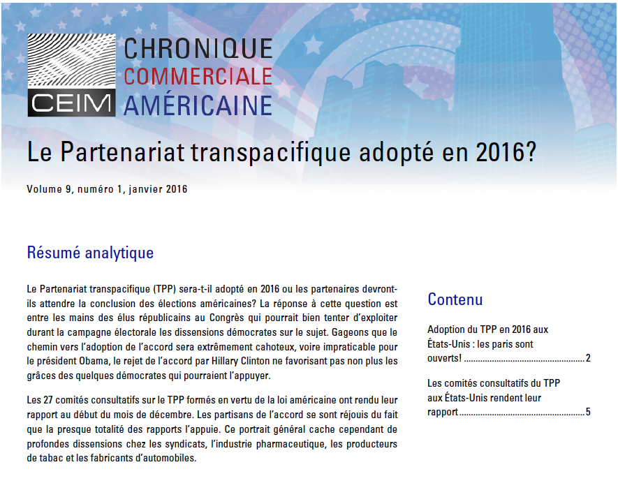 Le Partenariat transpacifique adopté en 2016 ?