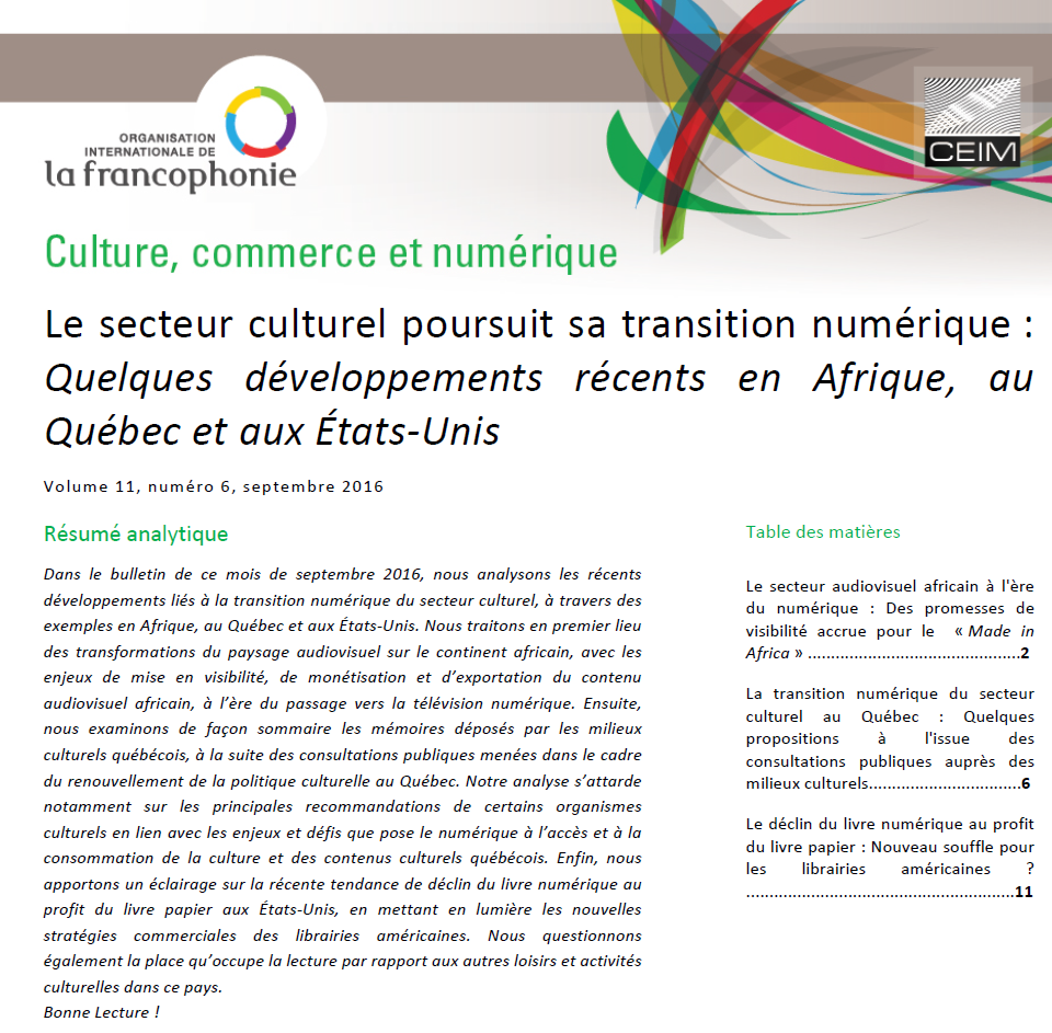 Le secteur culturel poursuit sa transition numérique : Quelques développements récents en Afrique, au Québec et aux États-Unis