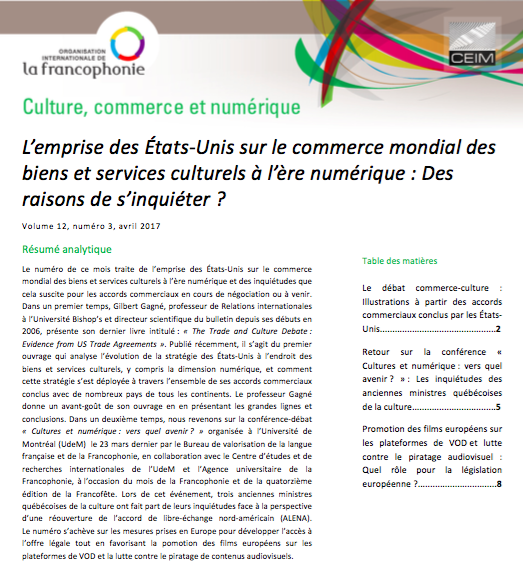 L'emprise des États-Unis sur le commerce mondial des biens et services culturels à l'ère numérique : des raisons de s'inquiéter ?