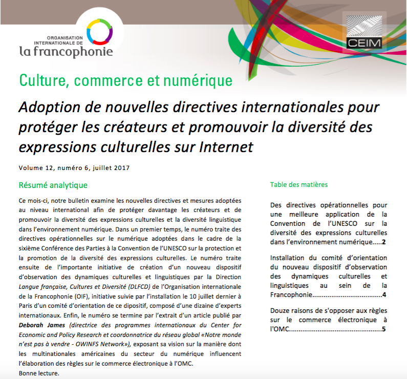 Adoption de nouvelles directives internationales pour protéger les créateurs et promouvoir la diversité des expressions culturelles sur Internet