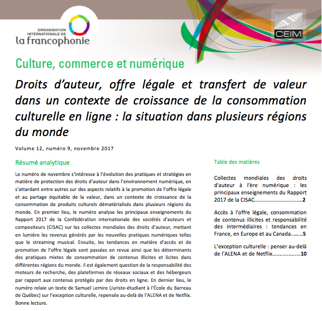 Droits d'auteur, offre légale et transfert de valeur dans un contexte de croissance de la consommation culturelle en ligne : la situation dans plusieurs régions du monde