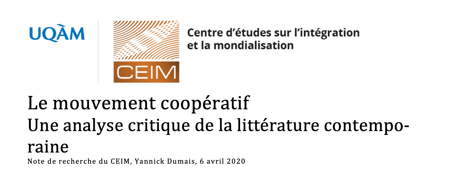 Le mouvement coopératif : Une analyse critique de la littérature contemporaine