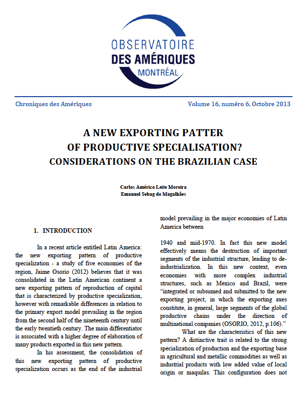 A new exporting pattern of productive specialisation ? Considerations on the brazilian case